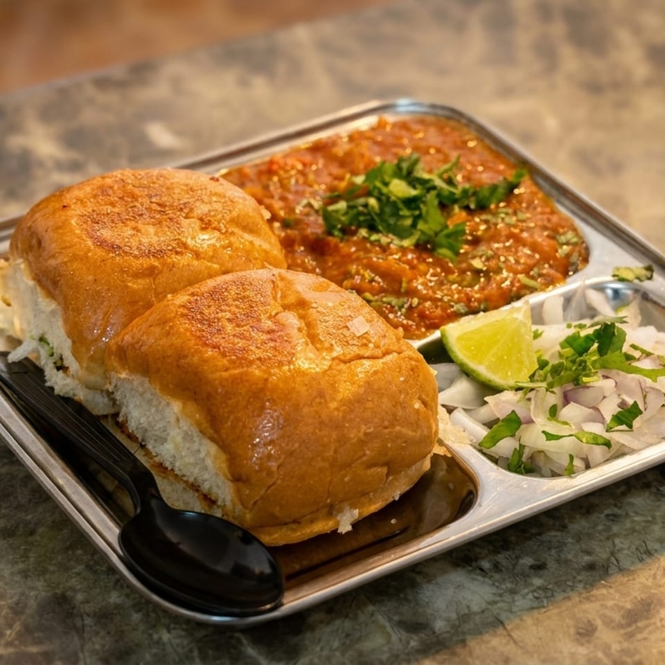 Two toasted pav buns served with spicy red curry, chopped onions, cilantro, and lime in a metal tray.