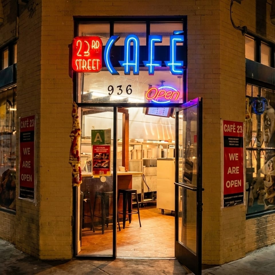 Café 23 storefront at night with illuminated neon signage, open entrance, warm interior lighting, and sidewalk seating visible.