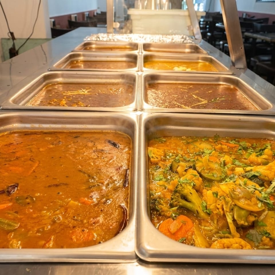 Stainless-steel buffet pans display colorful Indian curries and vegetable dishes in a restaurant dining area.