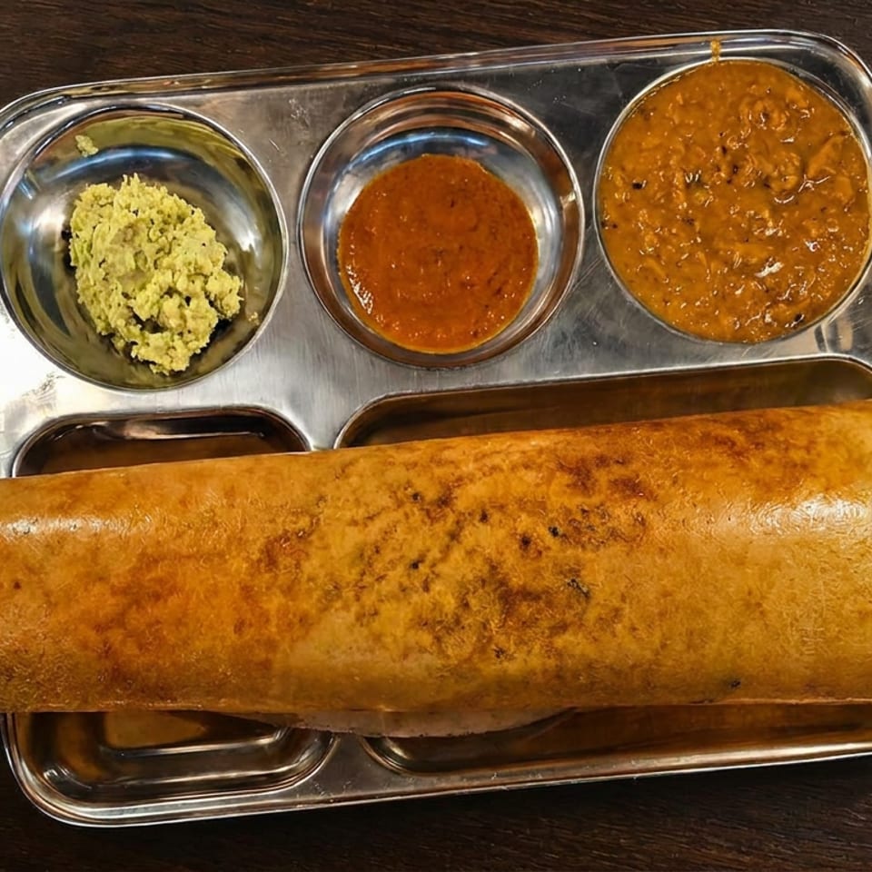 Golden dosa served on a stainless-steel platter with three bowls of chutney and sambar on a wooden table.