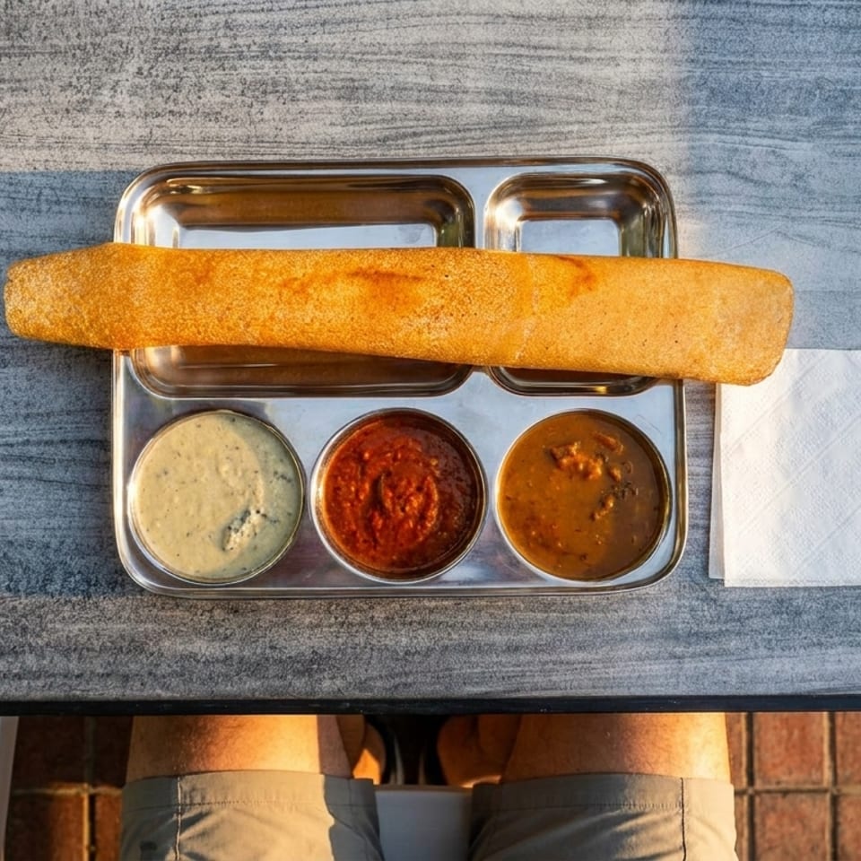 Crispy dosa served with coconut chutney, red chutney, and sambar in a stainless steel tray on an outdoor table.