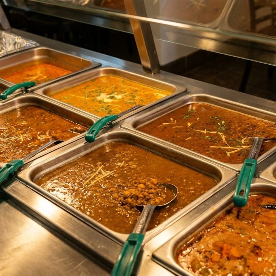 Buffet display featuring trays of richly spiced curries, lentils, vegetables, and sauces with serving ladles.