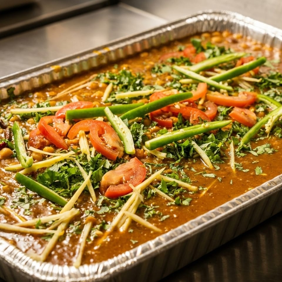 Large foil catering tray of spiced lentil curry garnished with tomatoes, green chilies, ginger, and fresh cilantro.
