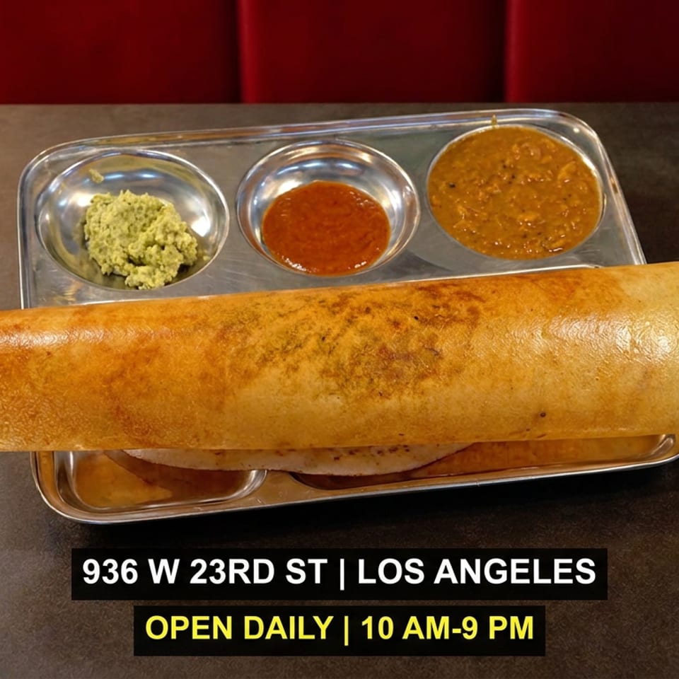 Golden dosa served with coconut chutney and two sauces at Cafe 23 in Los Angeles.